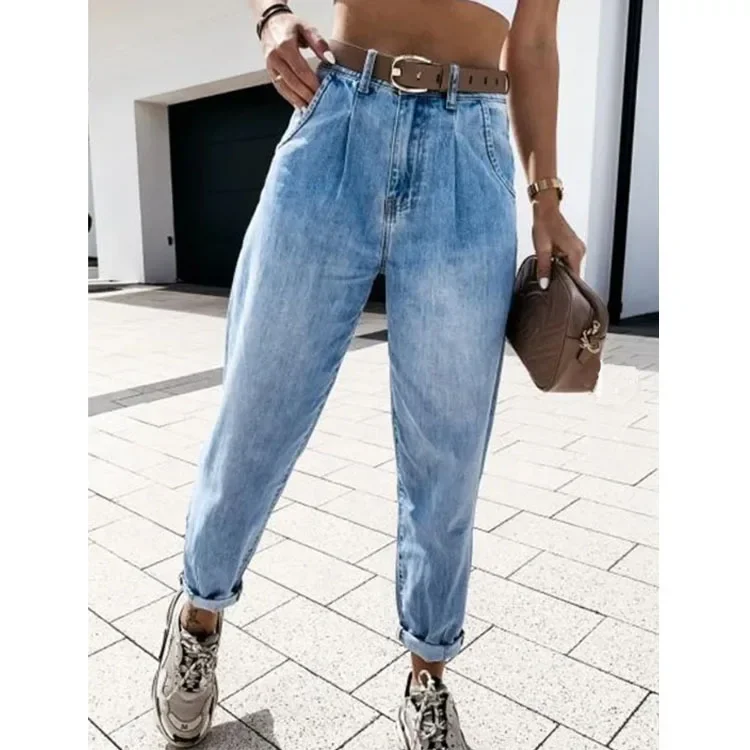 Gebleichte Distressed-Jeans, gewaschener Denim, gerade Hosen, Damen, knöchellang, Jeans, lockere, solide Taschen mit hoher Taille, Basics 2025 Image
