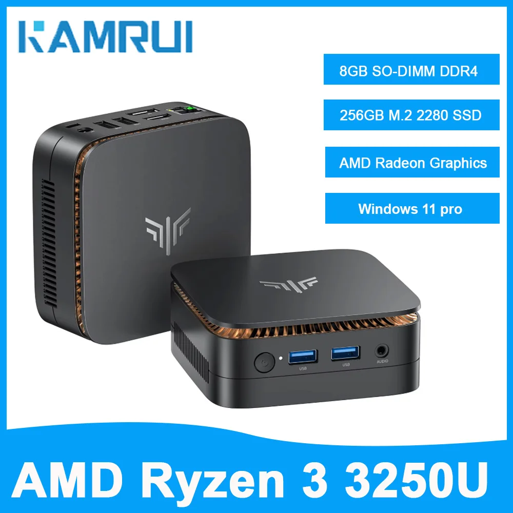 Mini-PC AMD Ryzen 3 3250U 8GB DDR4 256GB M.2 SSD Win11 Pro, Kleiner Desktop-Computer 4K HDMI+DP Dual-Display Tragbarer PC für Zuhause