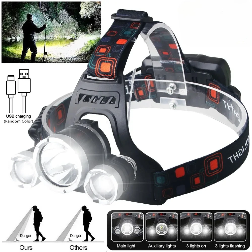 Hochleistungs-LED-Stirnlampe 18650, wiederaufladbarer Akku, Taschenlampe 90 ° Verstellbare Taschenlampe für Außenbeleuchtung, Camping, Angeln, Wandern Image