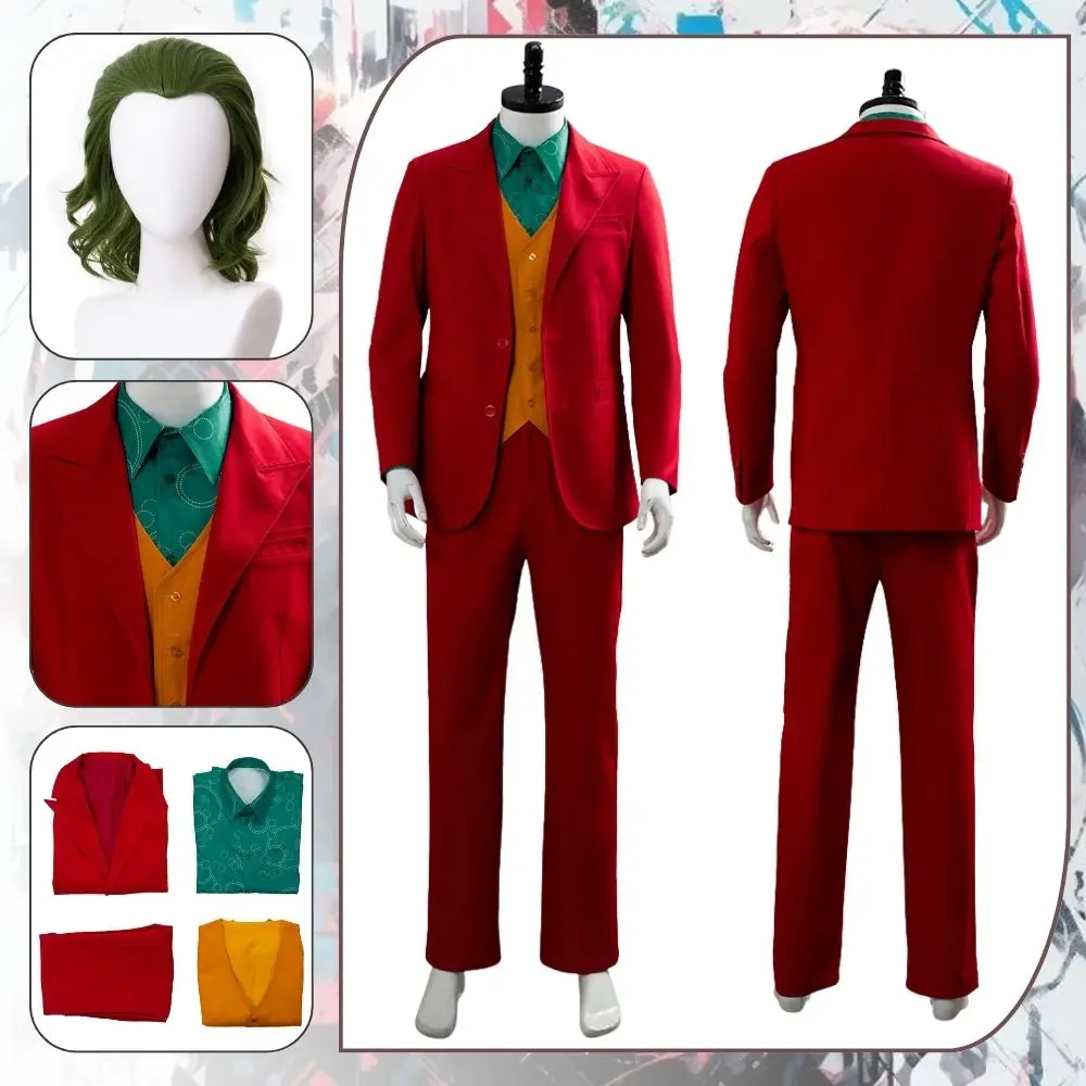 Joker 2 Cosplay Kostüm Verkleidung für Erwachsene Männer Rote Uniform Perücke Super Bösewicht Rollenspiel Fantasia Outfit Halloween Karneval Kleidung Image