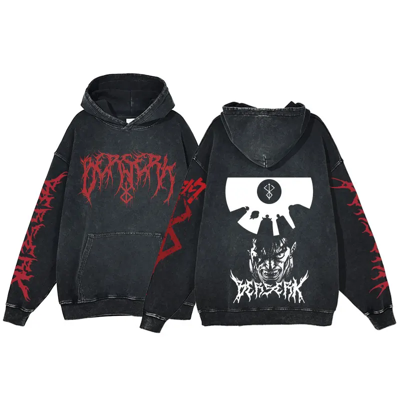 Berserk Anime Acid Washed Hoodie Men's Clothing Vintage Cotton Hoodies Women Hip Hop Hooded Sweatshirts Y2K Clothes Oversized