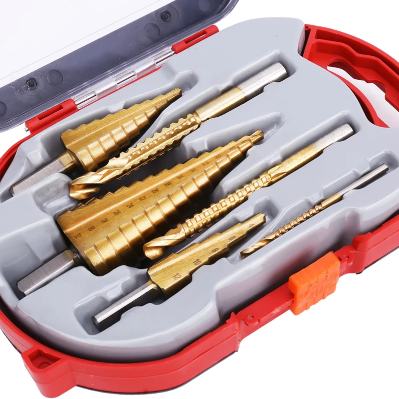 6 stücke Schritt Bohrer Set Titan Fräser Überzogene Sechseckigen Schaft Gerade Nut Pagode Bohrer Bohren Werkzeug Zubehör Set Image