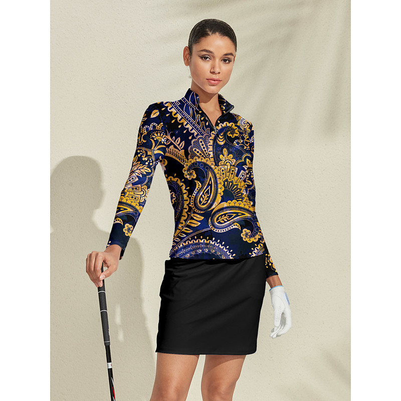 Women's Golf Polo Shirt Dark Blue Long Sleeve Top Ladies Golf Attire Clothes Outfits Wear Apparel
