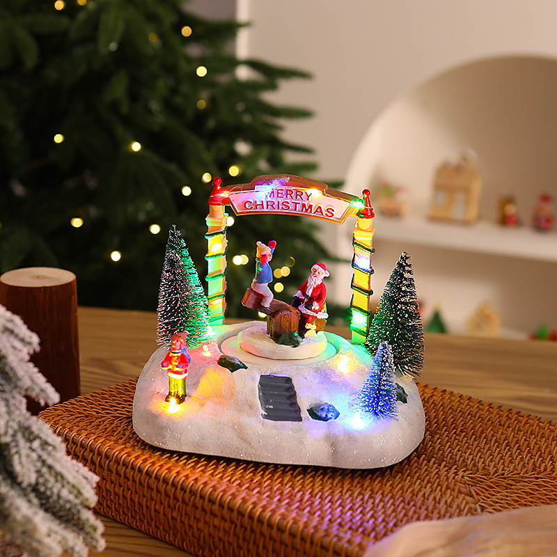1 Pc 19 16CM Christmas resin music box ornament Christmas house European style snow house Santa Claus Christmas tree music LED light AAA battery or USB power supply dual-use model