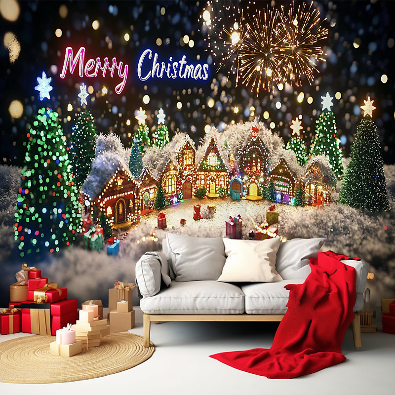 Chrismas Hanging Tapestry Neon Lights Christmas Tree Christmas House Santa Claus Fireworks Large Wall Art Mural Decor Blanket Curtain Holiday Home Bedroom Living Room Festive Party Decoration