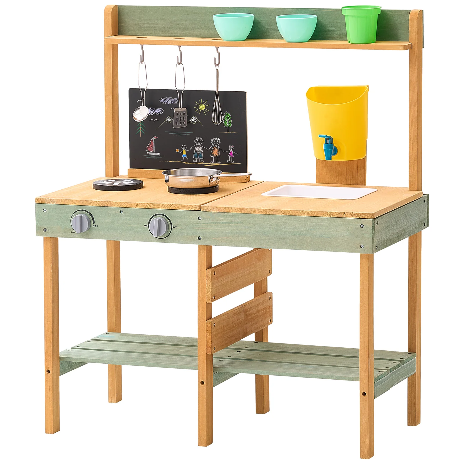 SucceBuy Jouets de cuisine en bois pour enfants avec ustensiles de cuisine Pots et accessoires Ensemble de jeu d'épicerie pour tout-petits en plein air pour la cuisine des enfants