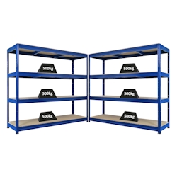 Proregal Mega Deal | 2x Schwerlastregal DINO | HxBxT 180x200x60cm | 4 Spanplatten-Ebenen 16mm | Fachlast 500kg | Blau Image