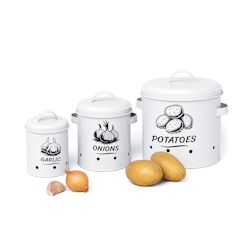 Relaxdays Kartoffel Aufbewahrungsbox, Zwiebeln, Knoblauch, 3er Set, mit Deckel & Löchern, Metall, Zwiebeltopf, weiß Image