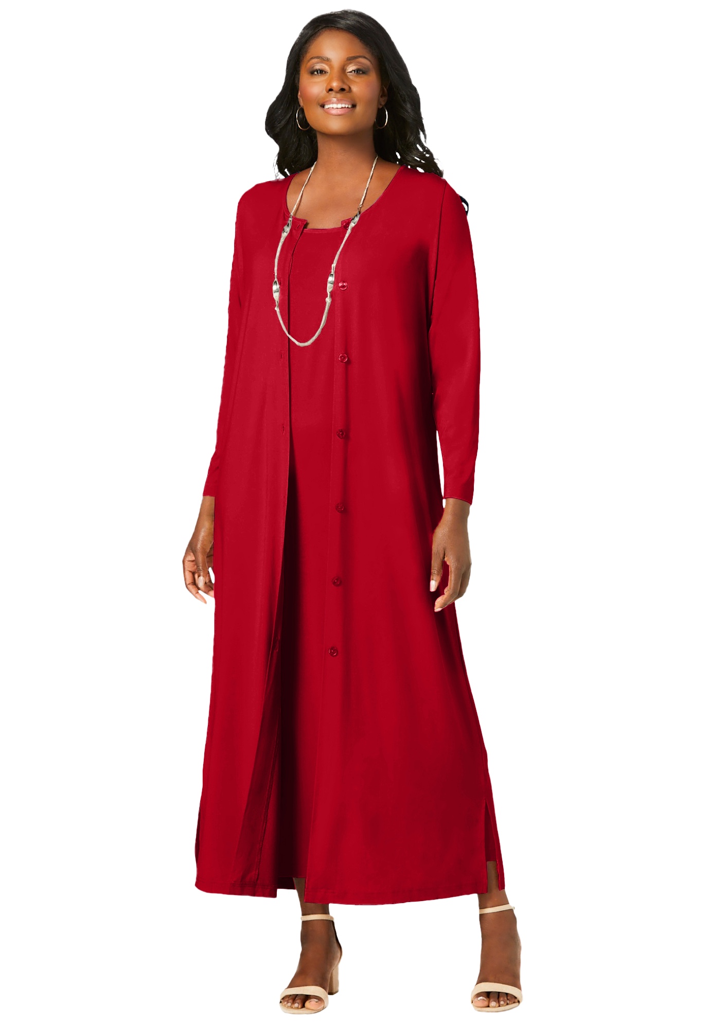 Plus Size Women's 2-Piece Stretch Knit Duster Set by The London Collection in Classic Red (Size 22/24)