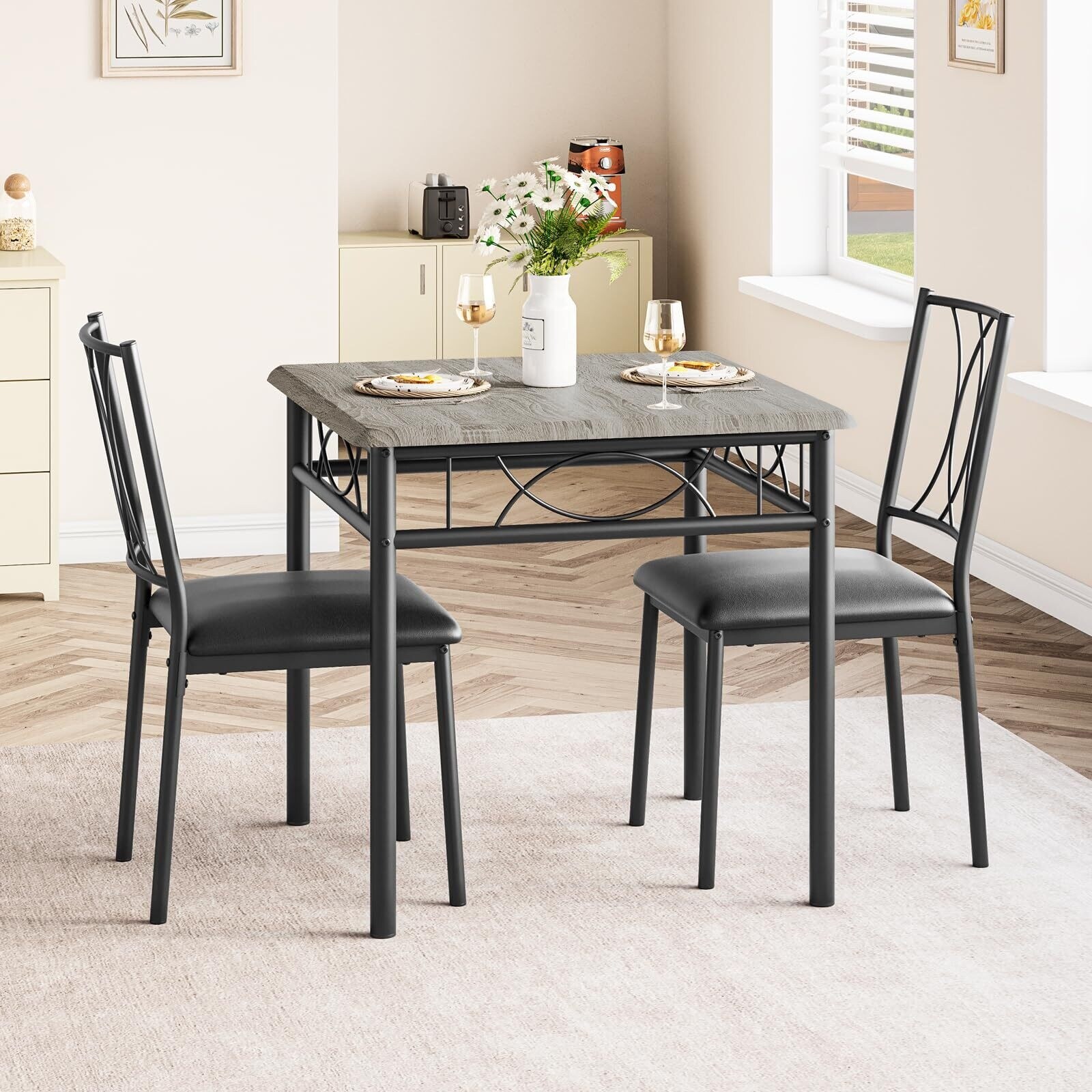 Square Space-Saving,3 Piece Kitchen Table with 2 Chairs