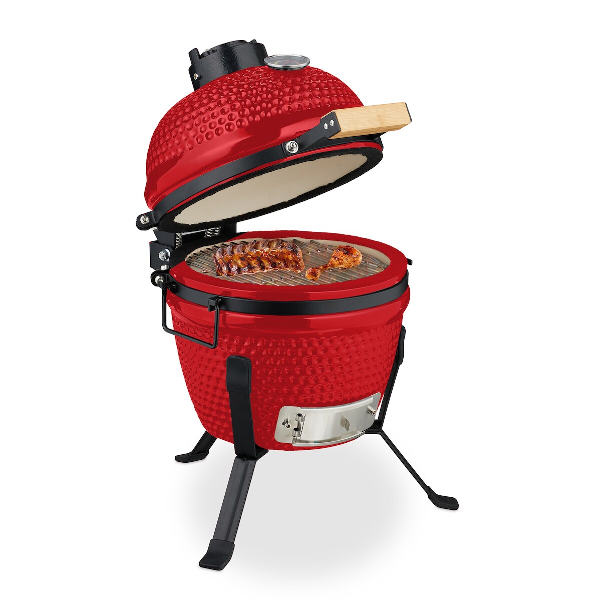 Relaxdays Kamado Grill, Ø 32 cm, Keramikgrill mit Thermometer bis 450°C, BBQ, Grillen, Kochen & Backen, Smoker, rot Image