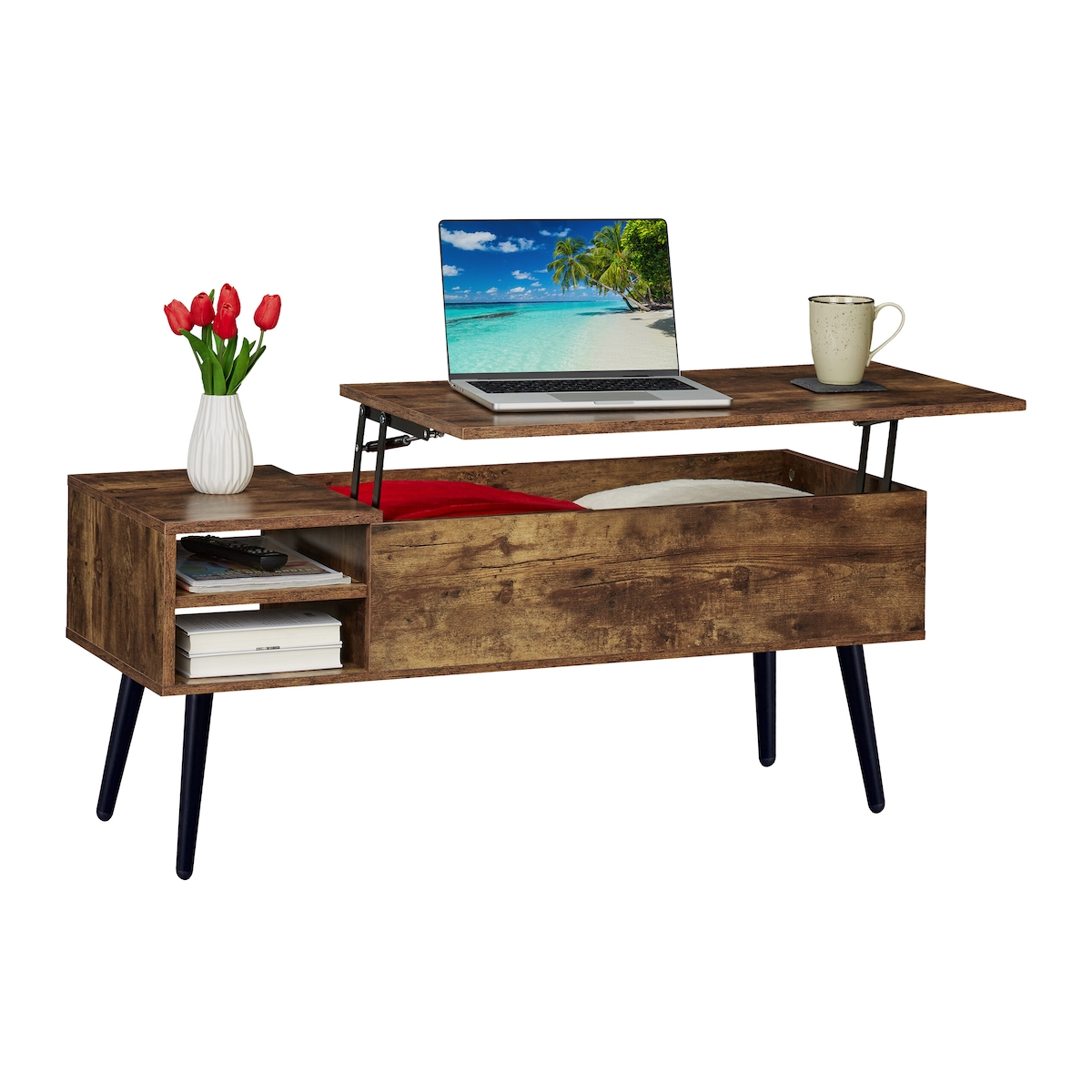 Relaxdays Couchtisch mit Stauraum, HxBxT: 46x100x40 cm, aufklappbar, 2 Seitenfächer, Industrial Sofatisch, braun/schwarz Image