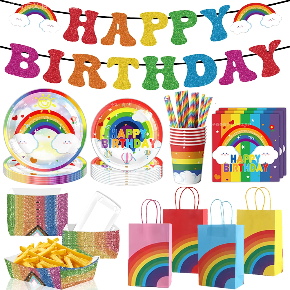 L'ensemble de vaisselle jetable sur le thème arc-en-ciel comprend des assiettes et des serviettes de fête de 9 et 7 pouces, des tasses, des décorations de fête d'anniversaire arc-en-ciel pour filles