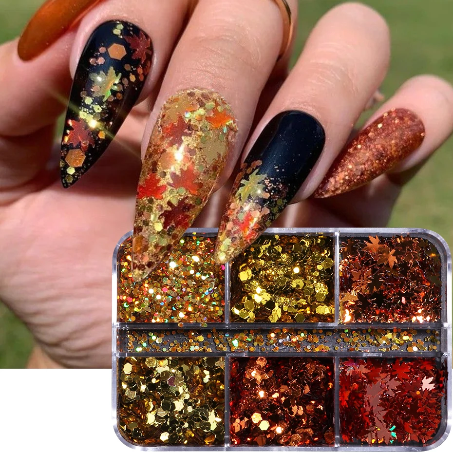 6 Gitter Herbst Nagel Glitzer Pailletten Herbst Ahornblatt Pailletten Maniküre Dekor Metallic Farbe Sechseck Pailletten Nägel Zubehör
