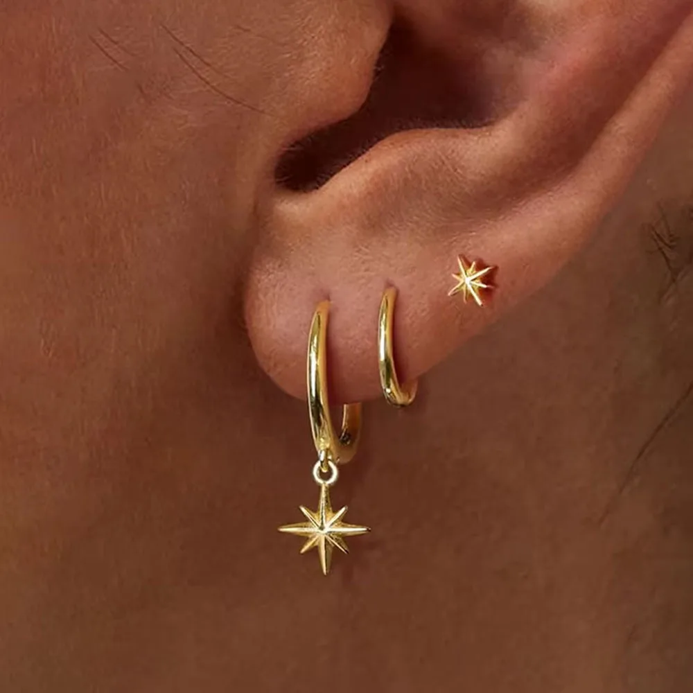 3-teiliges modisches, rundes Stern-Ohrring-Set aus Edelstahl für Damen, 18 Karat vergoldet, baumelnde Ohrringe, Punk, Unisex, Rock-Schmuck