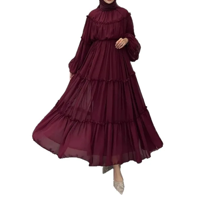 Muslimische Chiffon Abayas Modest Neue Hohe Qualität Ramadan Einfarbig Islamische Kleidung Kleid Plus Größe Langarm Abaya Image