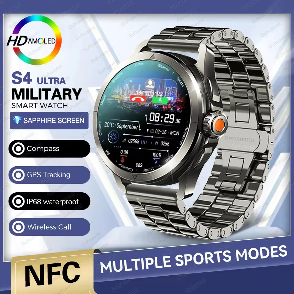 2025 S4 Ultra Neue GPS Track Smart Uhr Männer 360 * 360 AMOLED Bildschirm NFC BT Anruf Wasserdichte Gesundheit Monitor männlichen Sport Smartwatches