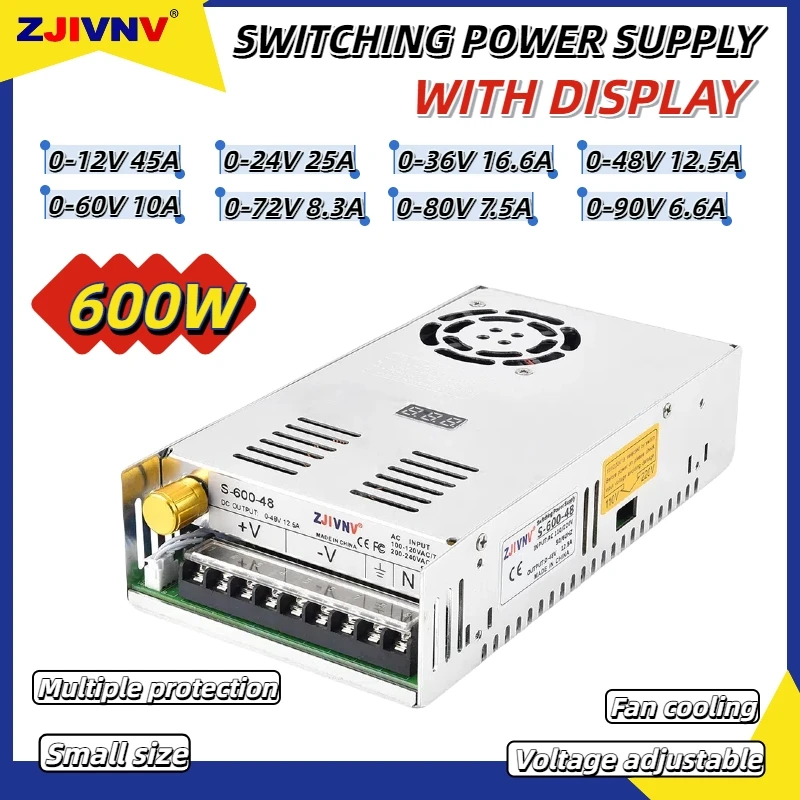 600-W-Schaltnetzteil mit LED-Digitalanzeige, spannungsverstellbar 110/220 VAC auf DC 0–12 V, 24 V, 36 V, 48 V, 60 V, 72 V, 80 V, 90 V, S-600 Image