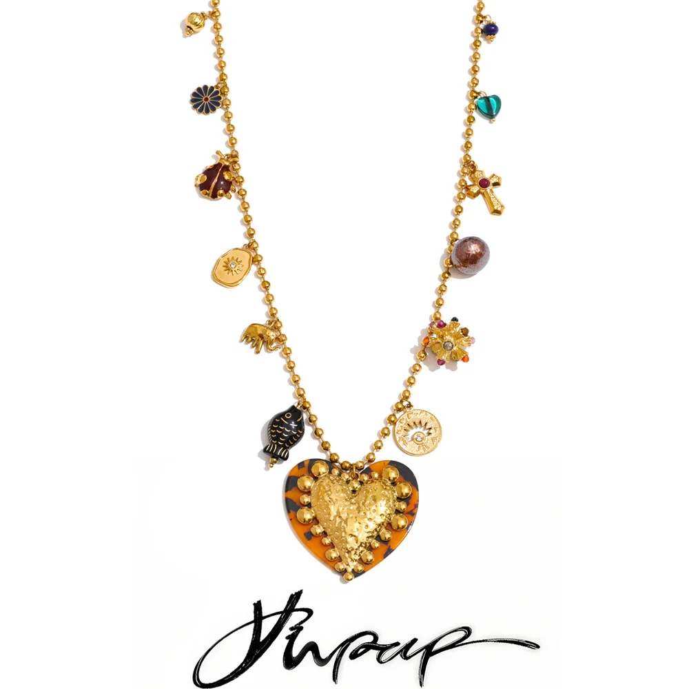 Yhpup 83 + 6 cm Herbst Winter Pullover Kette Schmuck für Frauen Edelstahl Acryl Herz Blume Fisch Charmante Halskette Anhänger Image