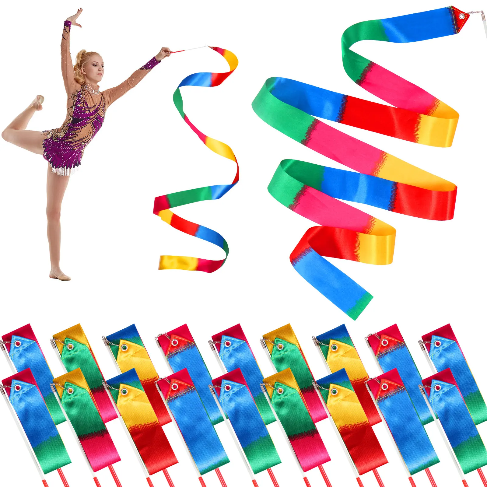 18 Stück Rhythmische Tanzbänder Ballett Streamer Twirling Rod Twirling für künstlerische Tanzen Gymnastik Kid Talent Show Rainbow Stick Image