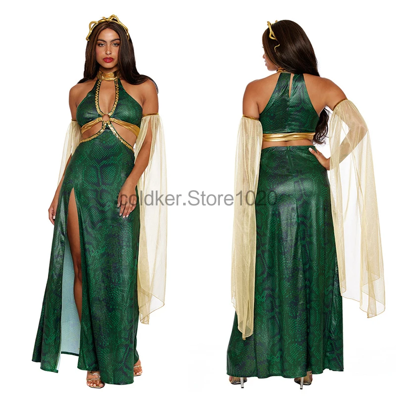 Neue Frauen Halloween The Gorgon Medusa Antike griechische mythologische Cosplay Prinzessin Kostüm Karneval ihnen Party Sexy grünes Kleid