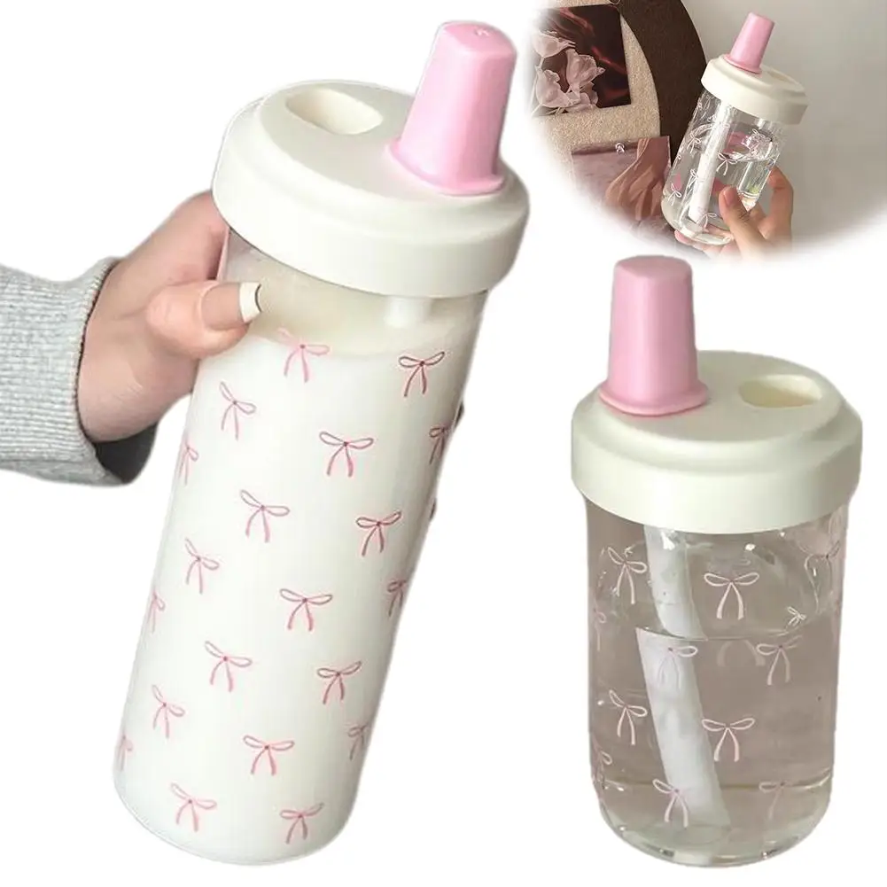 500/700ML Rosa Schleife Stroh Wasser Flasche Mit Deckel Nette Kaffee Blase Milch Tee Kunststoff Tasse Für Outdoor schule Trinkwasser Flaschen Image