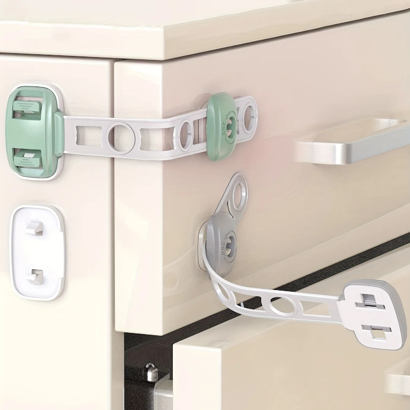 Dual Button Kindersicherung Kunststoff Anti-Kneifen Hand Kinder Sicherheit Schubladenschloss Multifunktionale DIY Schrank Schubladenschlösser Image