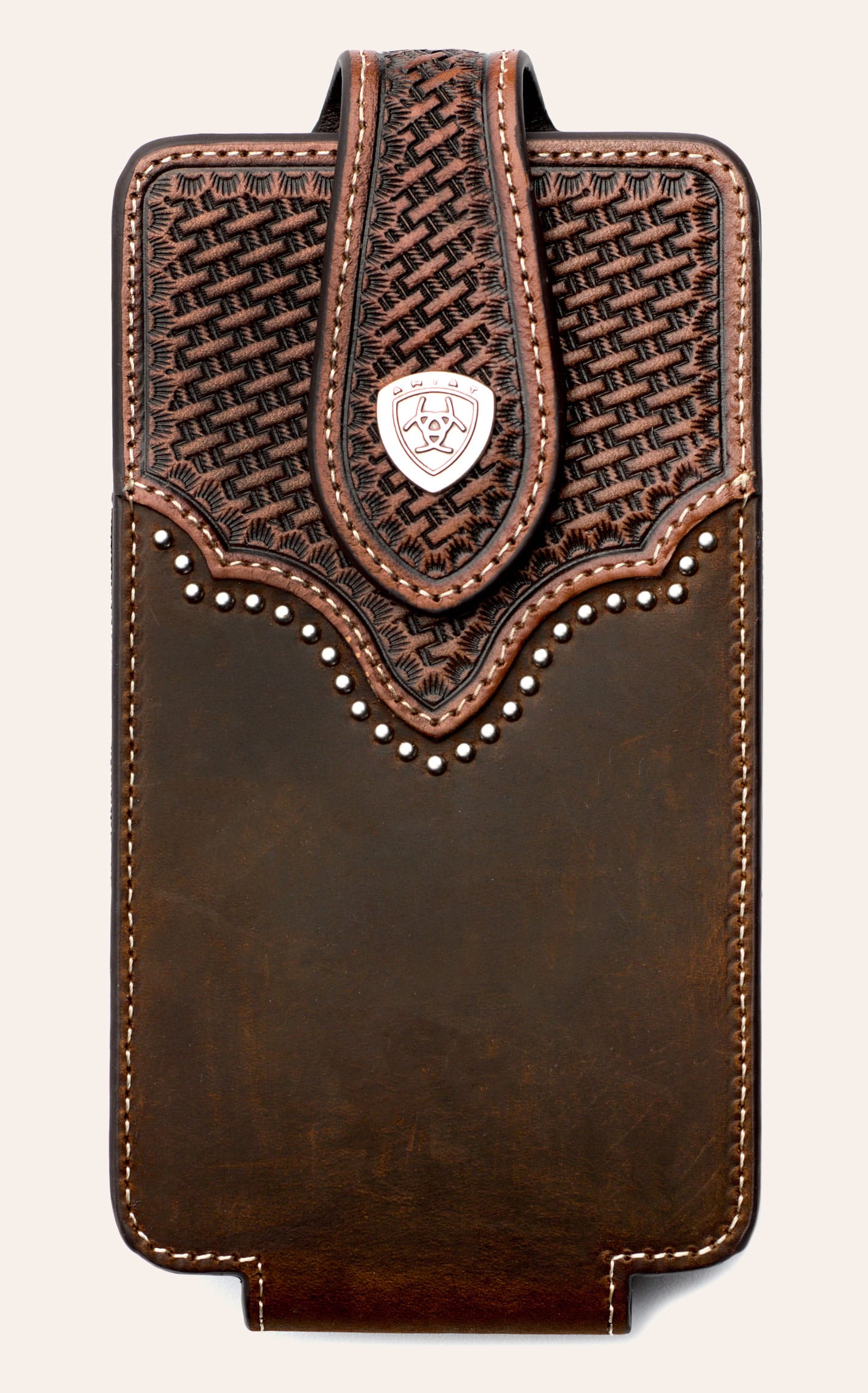 Ariat Chocolate Leather & Basket Weave Silver Stud Accent Large Cell Phone Case - NOSZ - From Cavender's