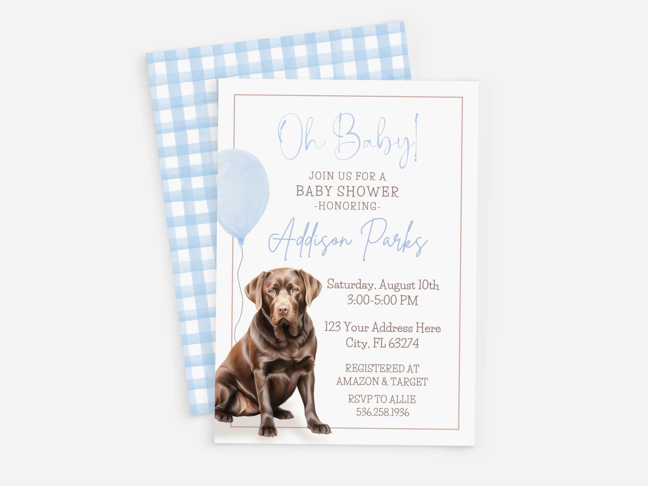 Invito per baby shower a tema Labrador cioccolato, quadretti blu, invito per baby shower, baby shower a tema cucciolo, baby shower a tema cane, neonat
