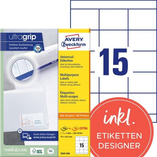 AVERY Zweckform ultragrip Laser Universaletiketten 3669-200 Selbsthaftend DIN A4 Weiß 70 x 50,8 mm 220 Blatt à 15 Etiketten Image