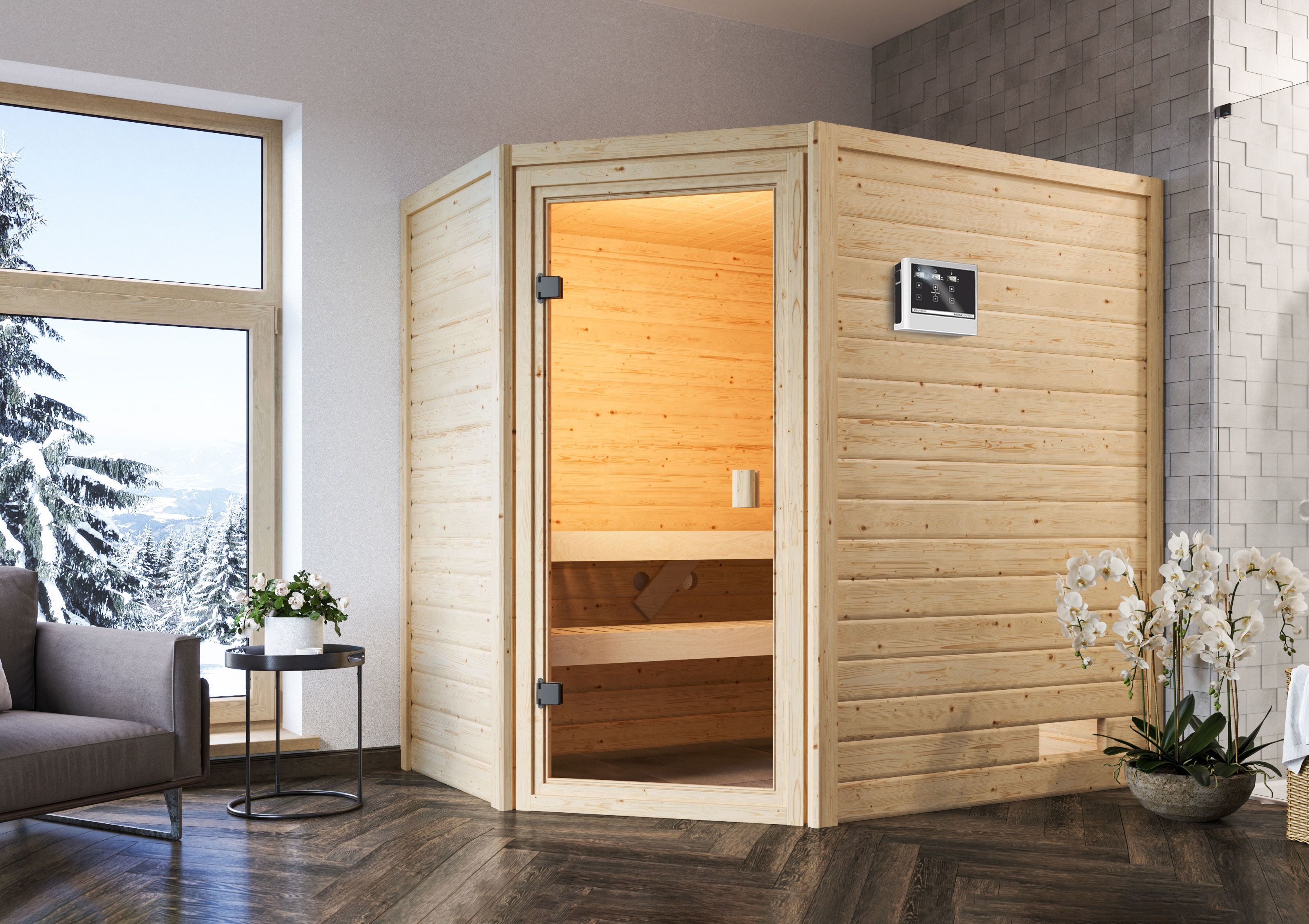 Sauna KARIBU "Juli" mit bronzierter Tür SET, naturbelassen mit Ofen 9 kW", beige (naturbelassen), Saunaofen, externe Steuerung, 400 kW, Saunen, aus hochwertiger nordischer Fichte