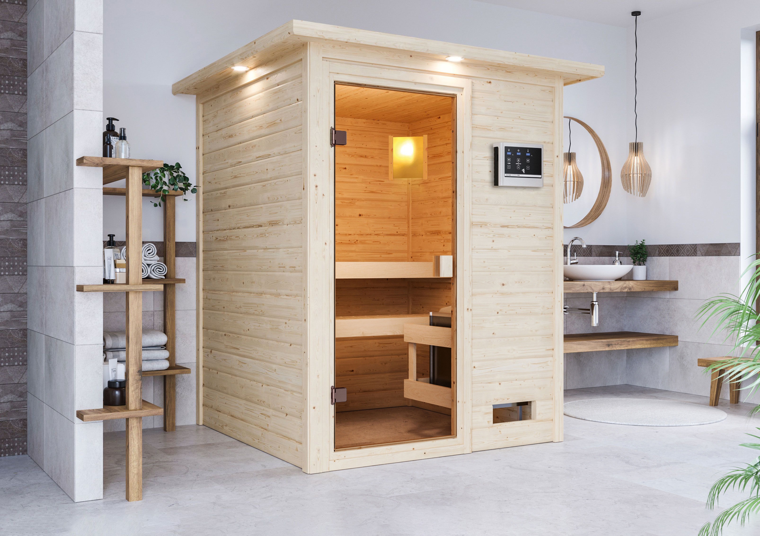 Sauna KARIBU ""Sandy" mit bronzierter Tür und Kranz, Ofen 9 kW, naturbelassen", naturbelassen, Saunaofen, externe Steuerung, 400 kW, Saunen, aus hochwertiger nordischer Fichte und 9 kW Ofen mit integr. Steuerung