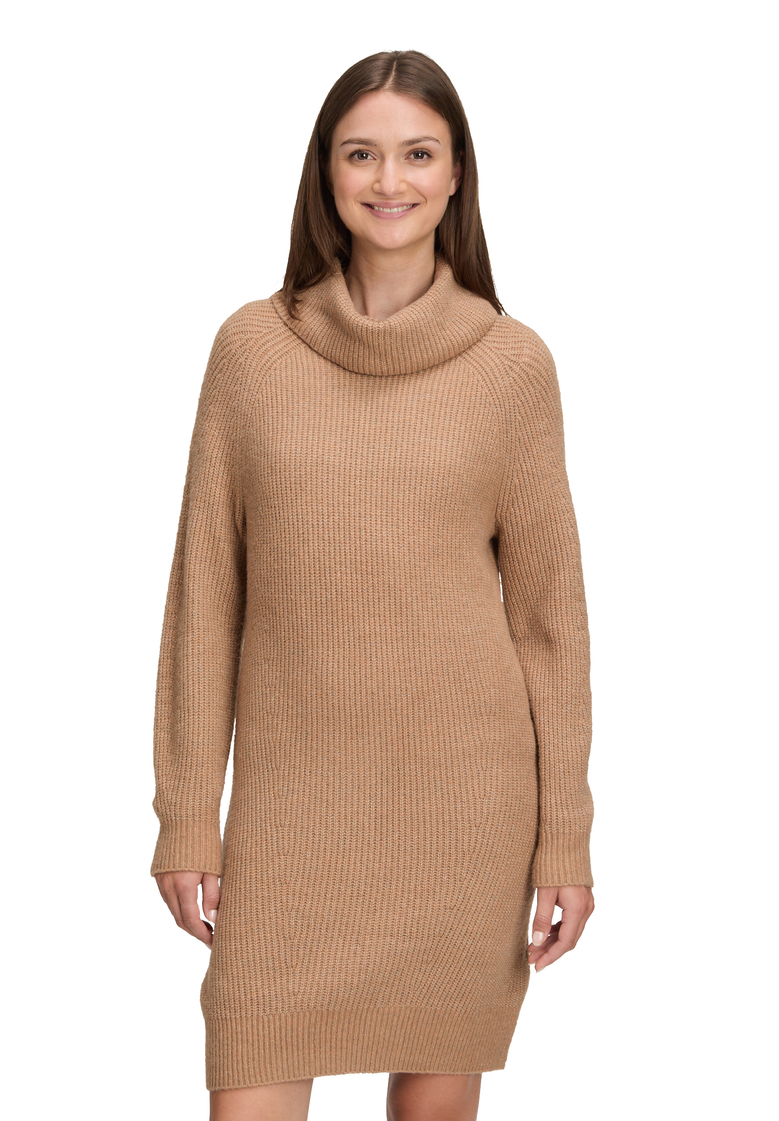 Strickkleid BETTY & CO "Damen Strickkleid mit hohem Kragen", Damen, Gr. 44, Normalgrößen, braun (camel melange), Strick, Obermaterial: 44% Polyacryl, 31% Polyamid, 20% Polyester, 5% Elasthan., figurumspielend kurz, Kleider Image
