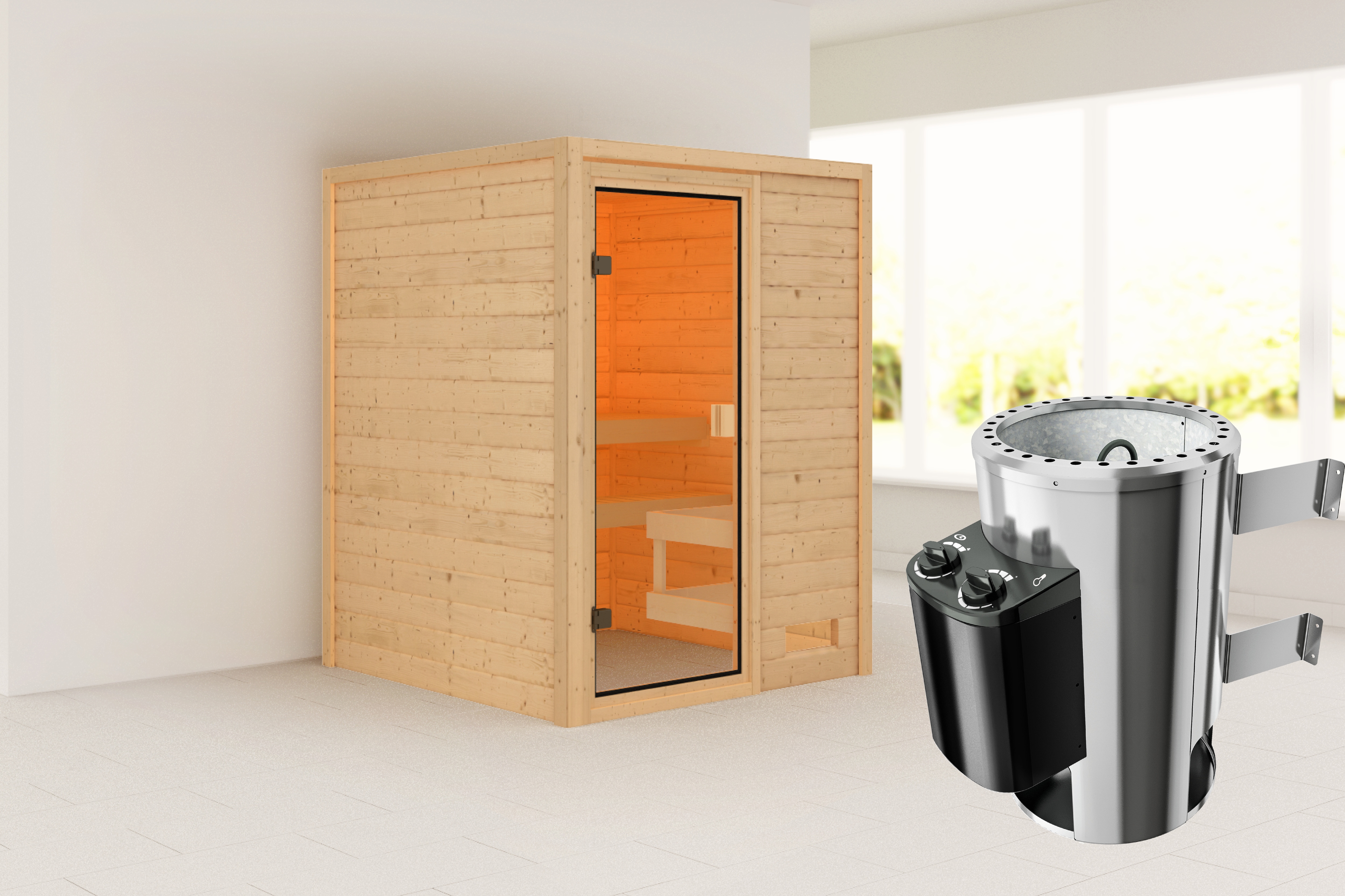 Sauna KARIBU "Sandy" mit bronzierter Tür, naturbelassen", beige (naturbelassen), Saunaofen, integrierte Steuerung, 230 kW, Saunen, aus hochwertiger nordischer Fichte