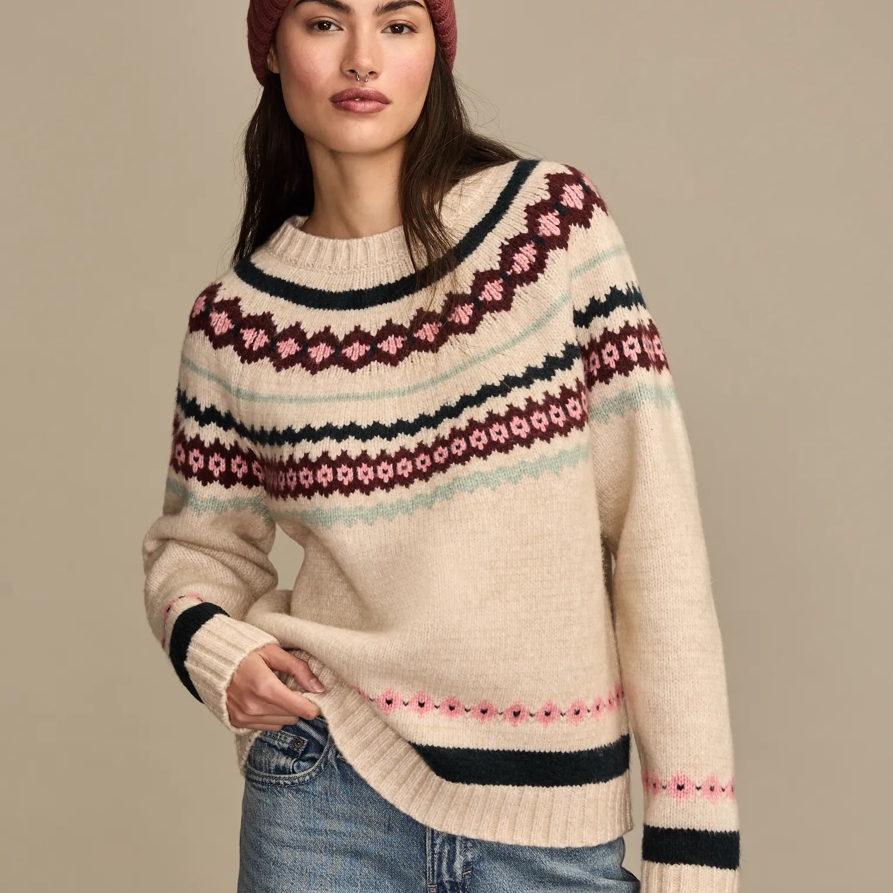 Lucky Brand Fair Isle Crew Sweater - Women's Clothing Outerwear Tops Sweatshirts Crewneck Hoodies in Oat Milk, Size L