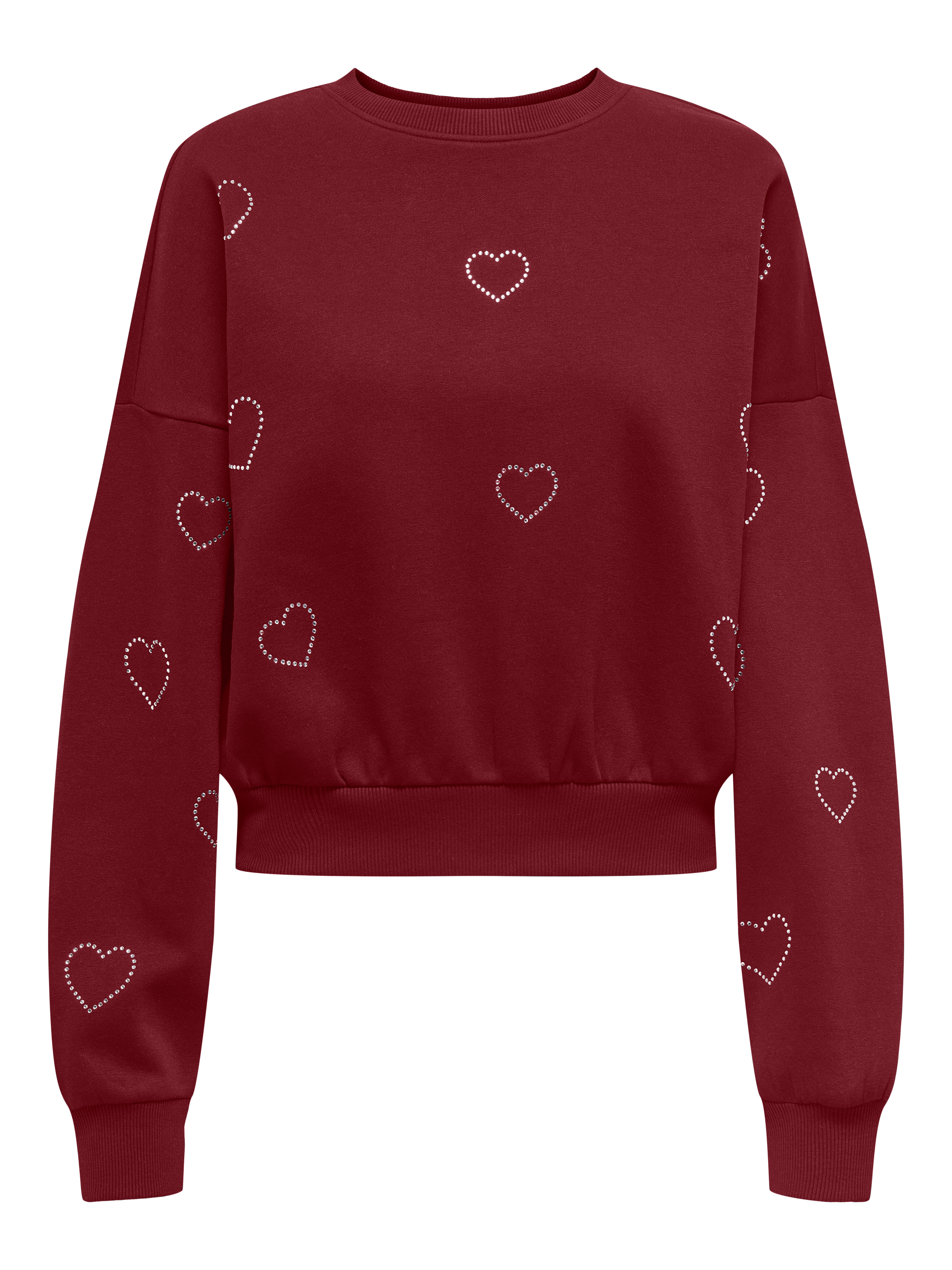 Sweatshirt ONLY "ONLBERIT L/S O-NECK SWT", Damen, Gr. S, cabernet detail:heart silber rhinestone, Sweatware, Obermaterial: 60% Baumwolle, 40% Polyester, bedruckt, regular fit hüftlang, Rundhals, Rippbündchen, Sweatshirts Sweatshirt