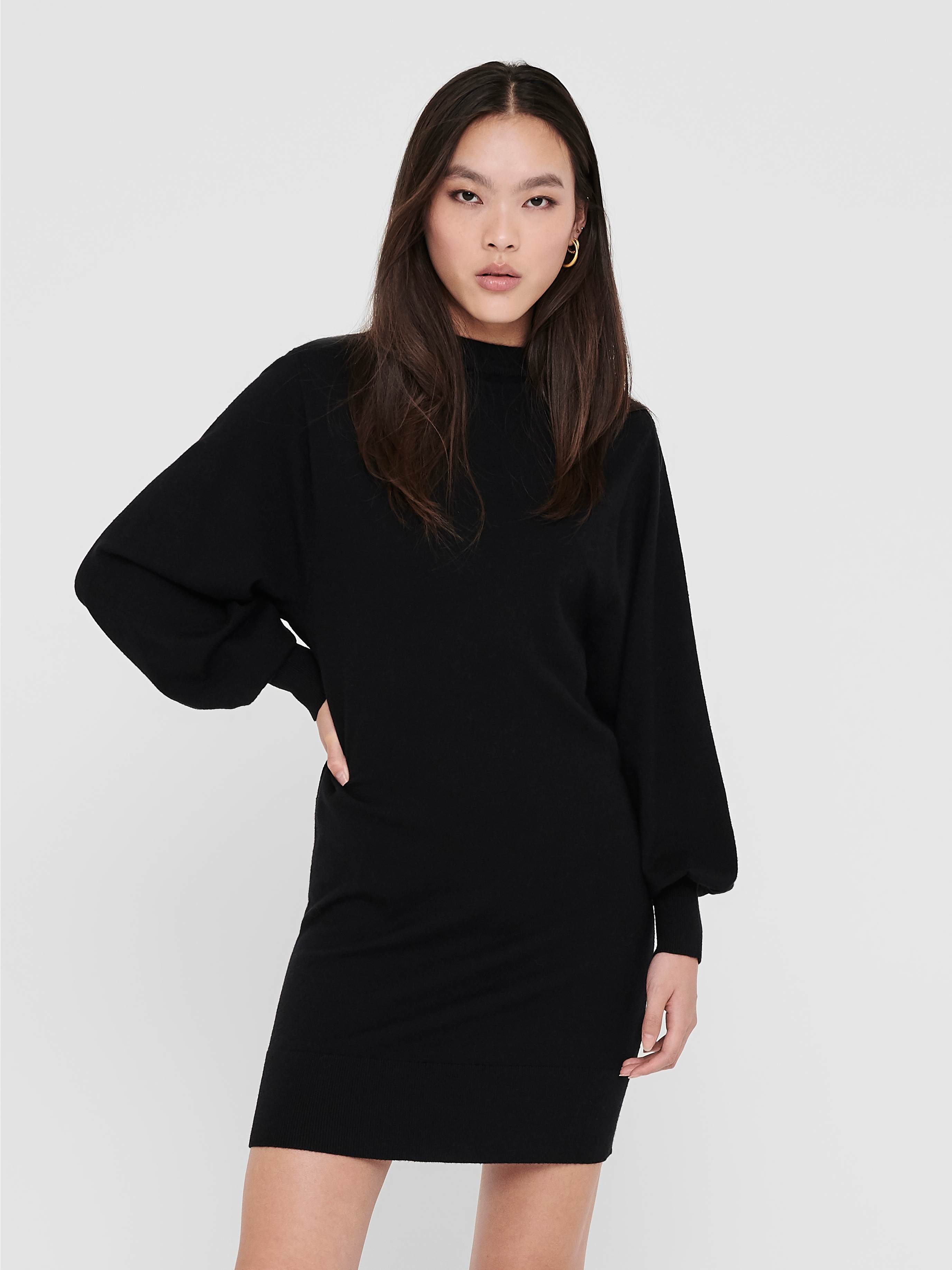 Strickkleid ONLY "ONLLABELLE LIFE L/S DRESS KNT NOOS", Damen, Gr. S (36), N-Gr, schwarz, Feinstrick, Obermaterial: 50% Viskose, 30% Polyester, 20% Polyamid, unifarben, A-Linie kniefrei, hoch geschlossener Ausschnitt, Puffärmel, Kleider, mit... Image