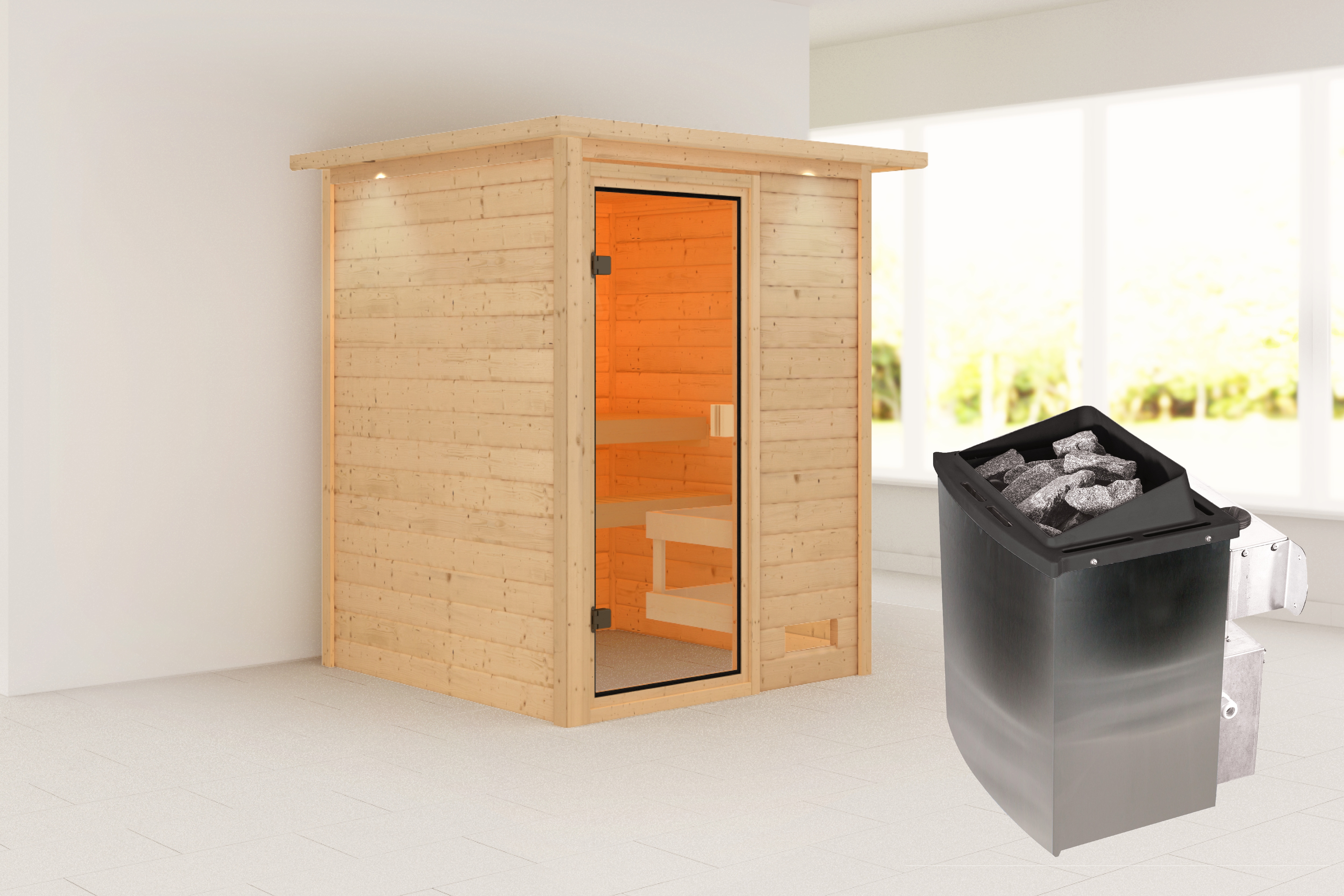 Sauna KARIBU ""Sandy" mit bronzierter Tür und Kranz, Ofen 9 kW, naturbelassen", naturbelassen, Saunaofen, integrierte Steuerung, 400 kW, Saunen, aus hochwertiger nordischer Fichte und 9 kW Ofen mit integr. Steuerung