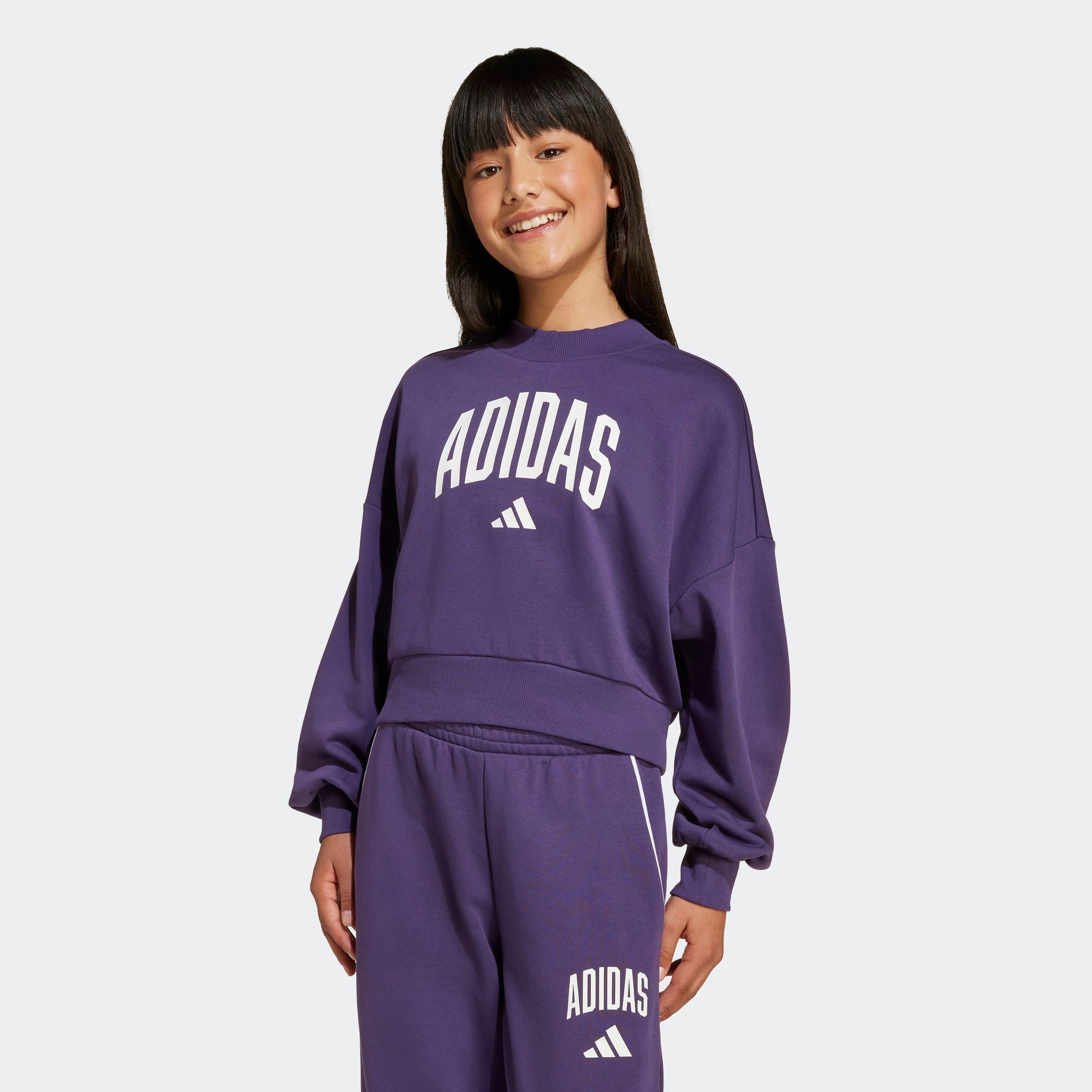 Sweatshirt ADIDAS SPORTSWEAR "JG CLGT FT SWT", Kinder, Gr. 140, aurora plum, weiß, Obermaterial: 70% Baumwolle, 30% Polyester, Sportlich, Rundhals, Sweatshirts Image