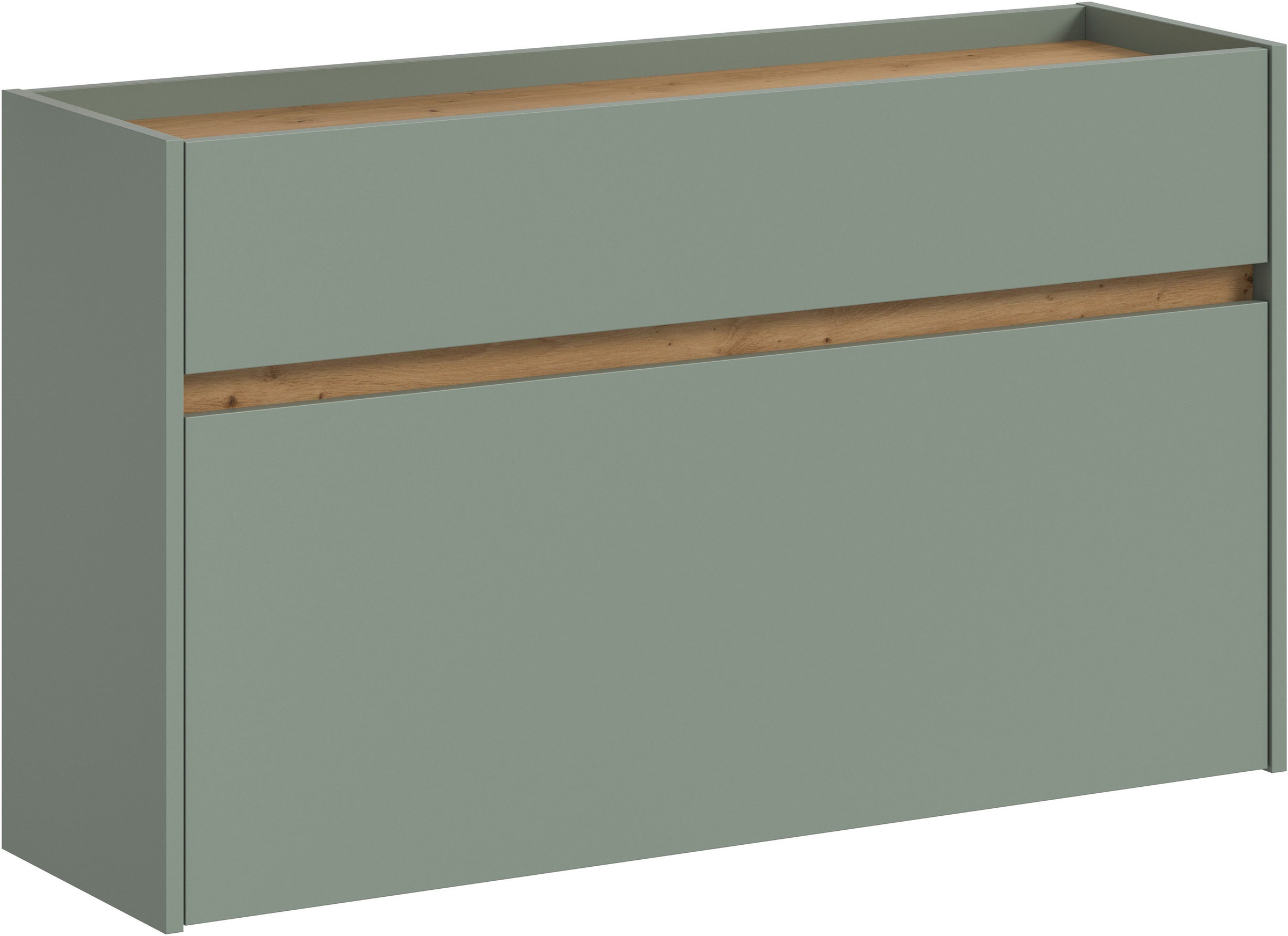 Schuhschrank INOSIGN "EVRID, Breite 110cm, hängend, 1 Schubkasten, 1 Schuhwalze", salbei nb, artisan oak nb, B:110cm H:61cm T:32cm, Spanplatte, Schränke, Schuhkommode, Kommode, Sideboard, Garderobenschrank, Flurkommode Image