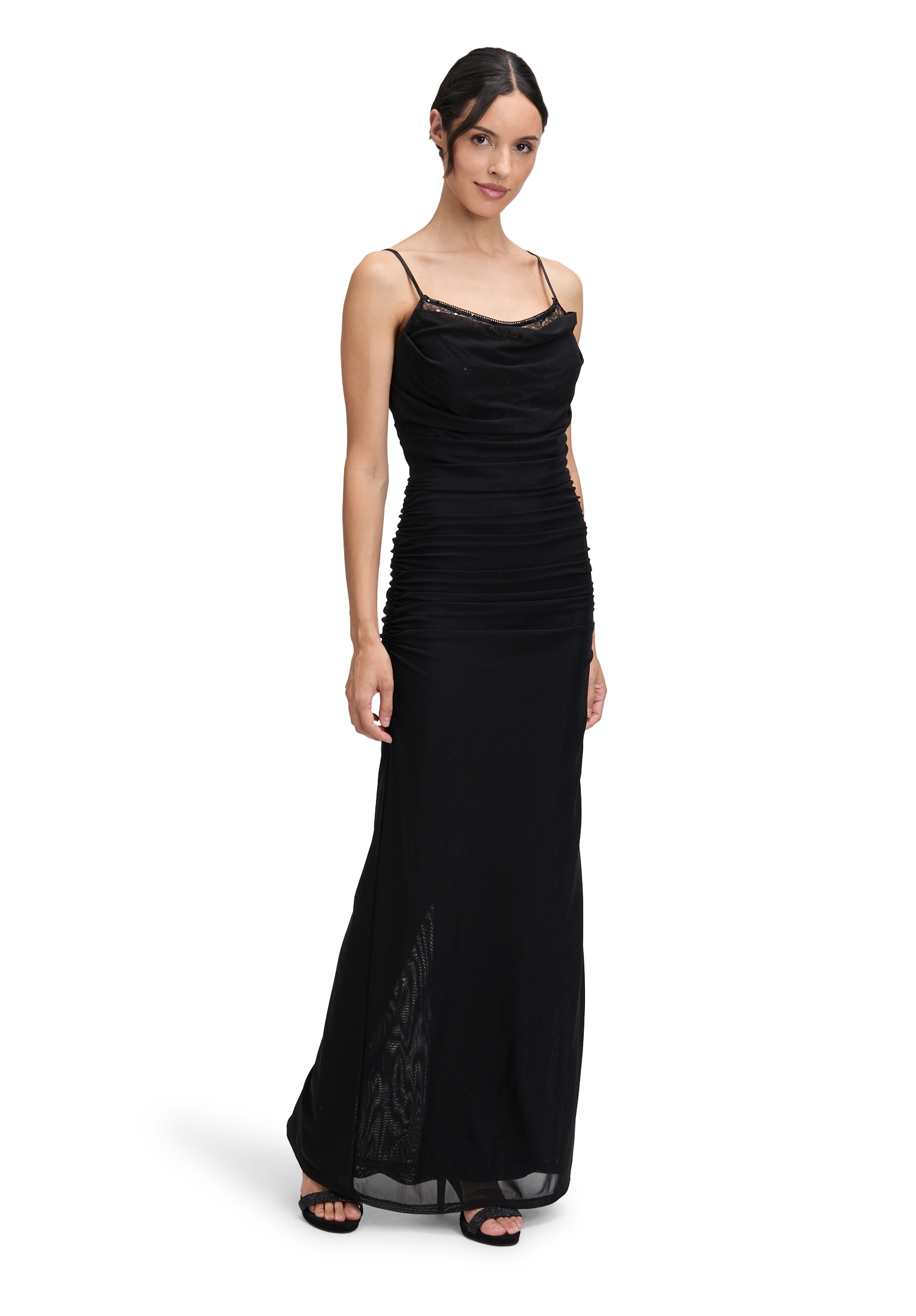 Abendkleid VERA MONT "Vera Mont Damen Abendkleid mit Spitzeneinsatz", Damen, Gr. 34, Normalgrößen, schwarz, Mesh, Obermaterial: 92% Polyamid, 8% Elasthan. Futter: 8% Elasthan., Elegant, eng lang, Wasserfallausschnitt, Kleider Image