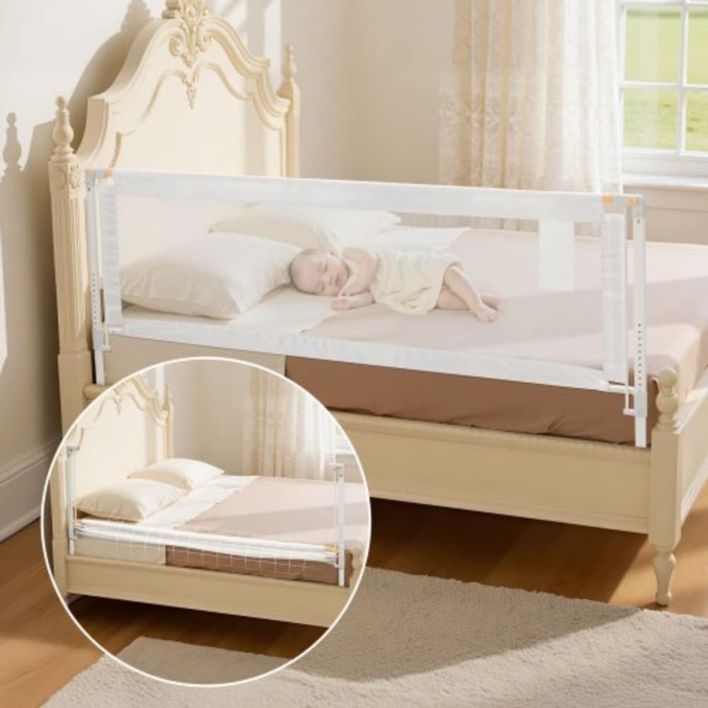 White Steel Oxford Fabric Kids Bed Rail with Lift and Washable Mesh