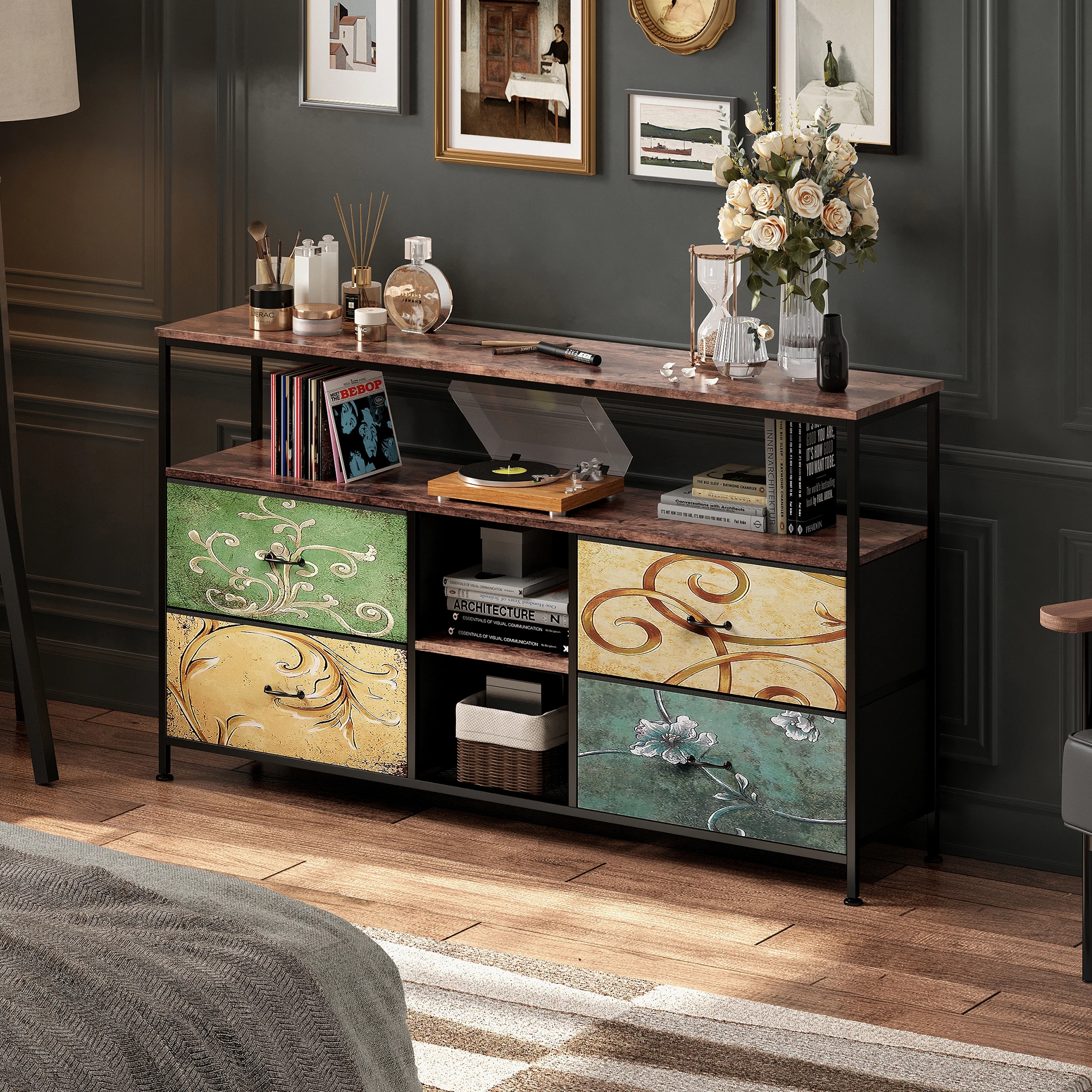 Meuble TV, meuble de rangement avec éclairage LED et 4 tiroirs, meuble de style rétro pour salon, commodes et buffets