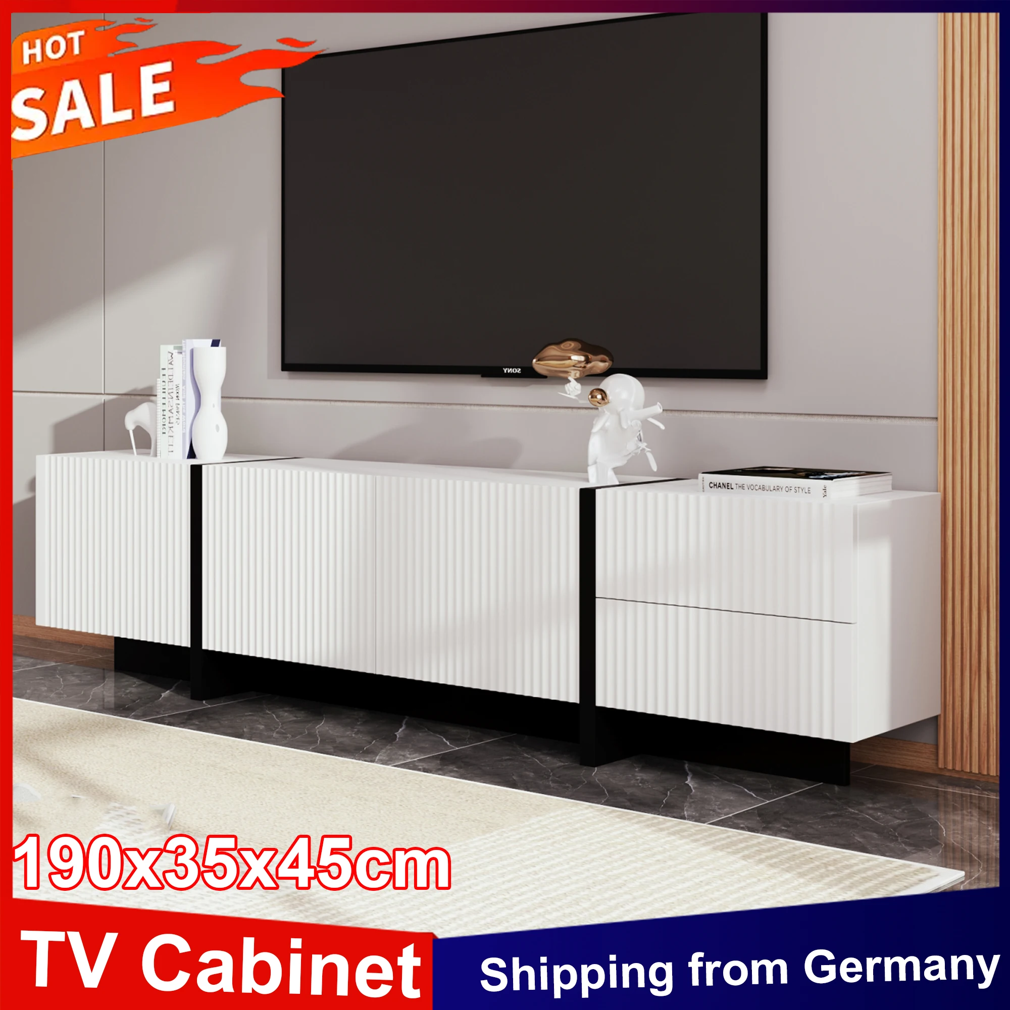 Anajqaqia Meuble TV 190 x 35 x 45 cm avec 3 portes et 2 tiroirs, meuble TV moderne, meuble bas TV pour salon, blanc et noir