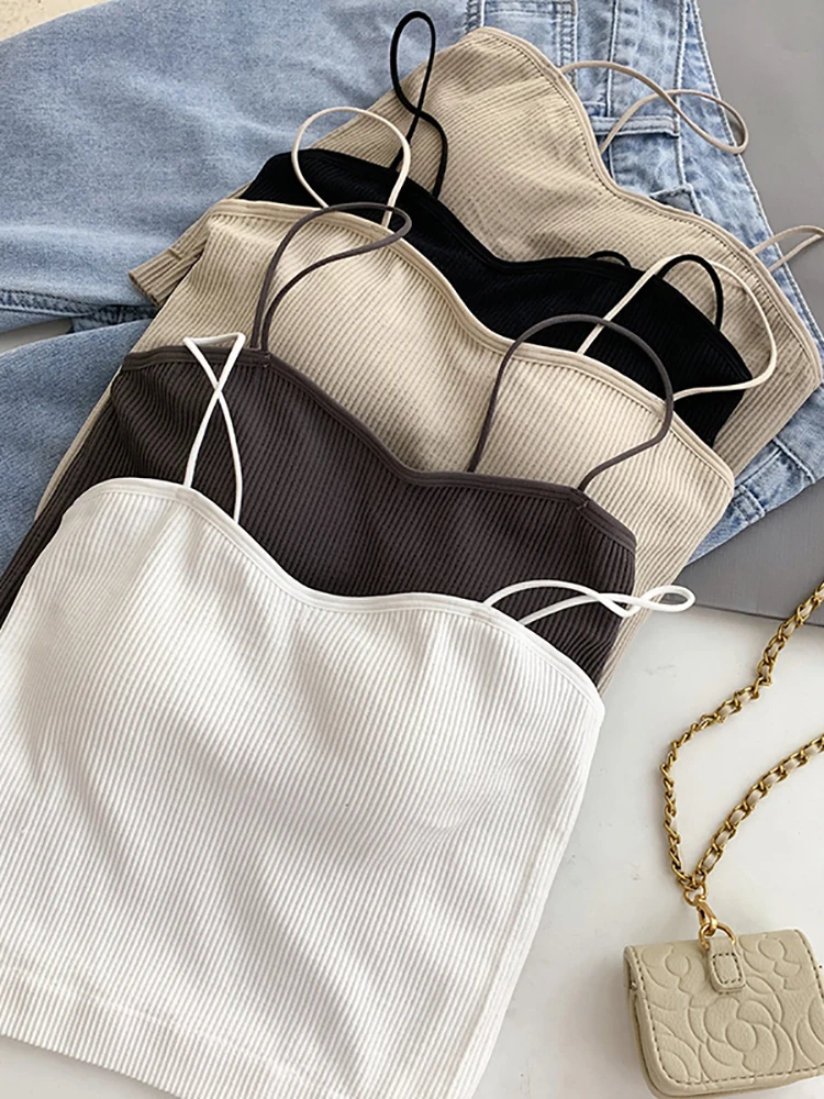 Heliar Women Basic Tops With Padd Cotton Crop Tops Strapy Bra Tops Female Camis Slim Tank Tops Knitted Tube Tops Women Summer