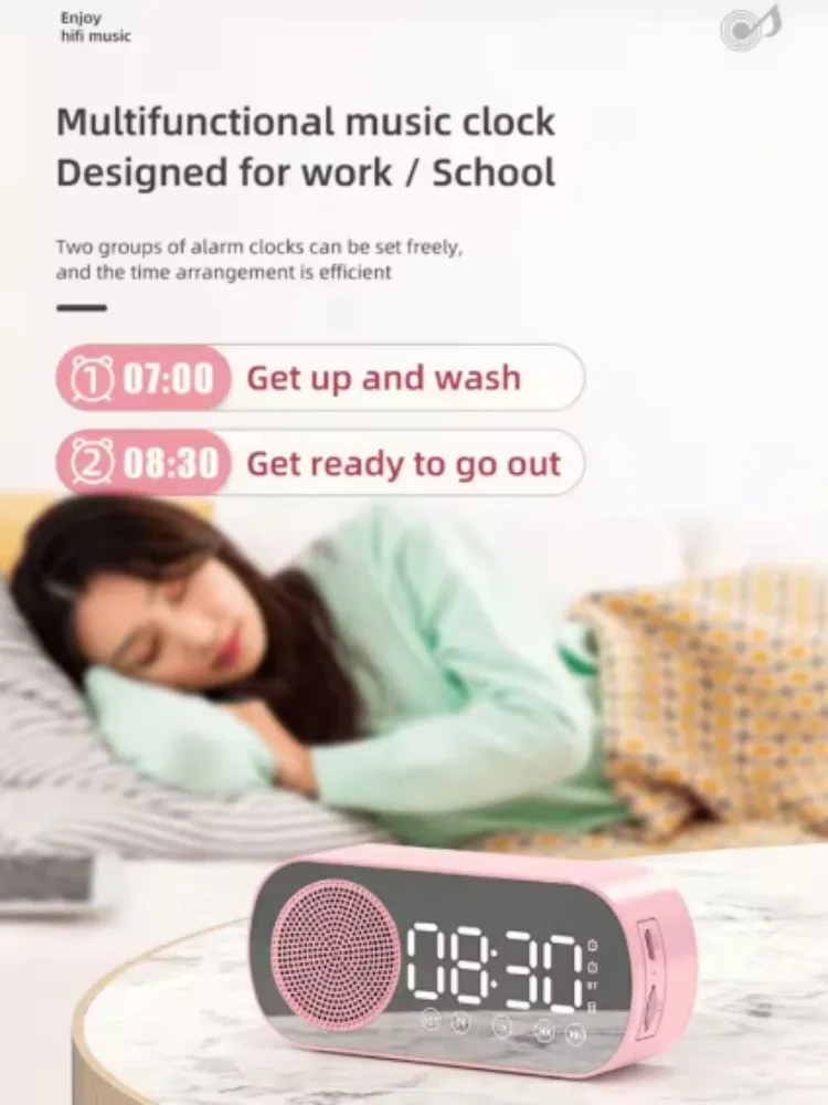 Alarm Clock Wireless Bluetooth Speaker, Digital Alarm Clock Radio with LED Mirror Display, Loud Alarm Clock for Heavy Sleepers