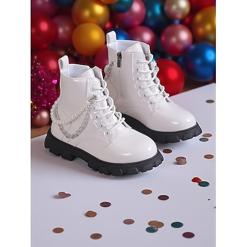 Von koreanischen Idols inspirierte Popstar-Kostümschuhe, Kampfstiefel für Mädchen mit dicker Sohle, Schnürdesign und Perlenkettendetail für modische Outfits und Freizeitkleidung Image