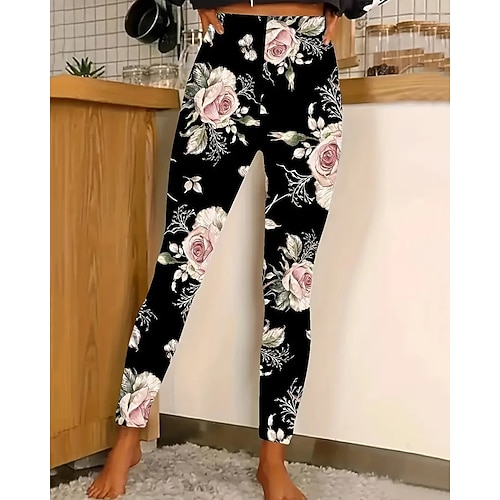 Damen Leggings Gemütliche Leggings Mode Basic Lässig Volle Länge Hohe Taille Blumen Drucken Thermowarm Bequem Dehnbar Lässig Täglich Urlaub Schwarz Frühling Herbst Schmale Passform Image