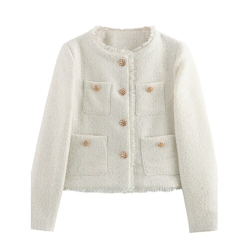 Damen Mantel Bequem Atmungsaktiv Tasche Lässig Einfach Urlaub Straße Lässig Alltagskleidung Einreihig Kurz Rundhalsausschnitt Normale Passform Langarm Oberbekleidung Schwarz Weiß Gold Frühling Herbst Image