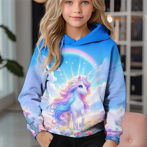 Mädchen 3D Einhorn Kapuzensweatshirt Langarm Herbst Winter Mode Niedlich Basic Kinder 4-12 Jahre Mit Kapuze Outdoor Lässig Täglich Normale Passform Image